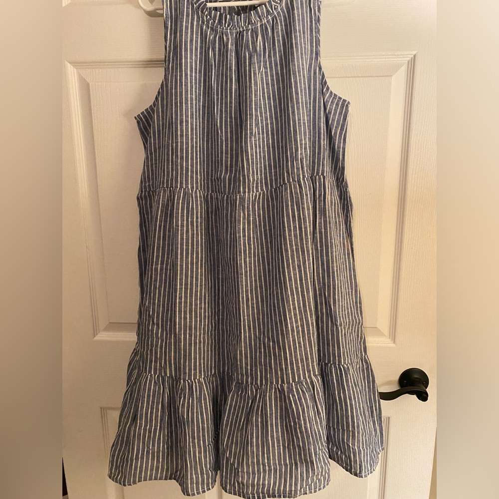 BeachLunchLounge dress. Blue and white linen/cotton. Size XL